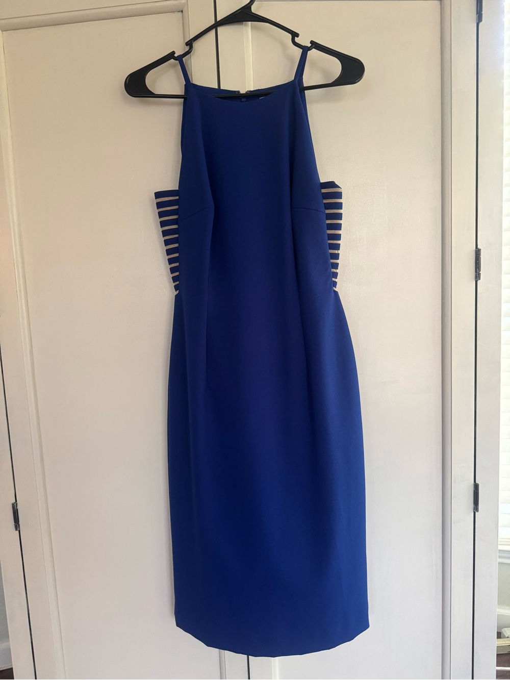 ANTONIO MELANI Cobalt Blue Midi Sheath Dress with Striped Side Panels